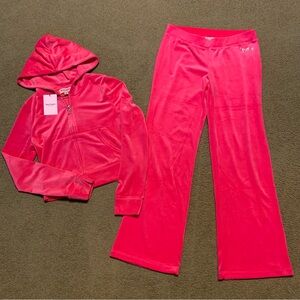NWT Juicy Couture Velour Pink Party Tracksuit Hoodie Pants 2 pc Set Women’s M